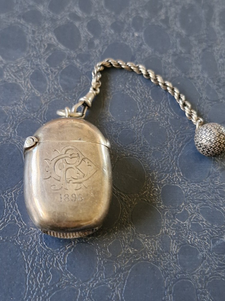 Victorian 1896 Solid Silver Vesta Case,Chester Hallmarked,William Neale + Chain.