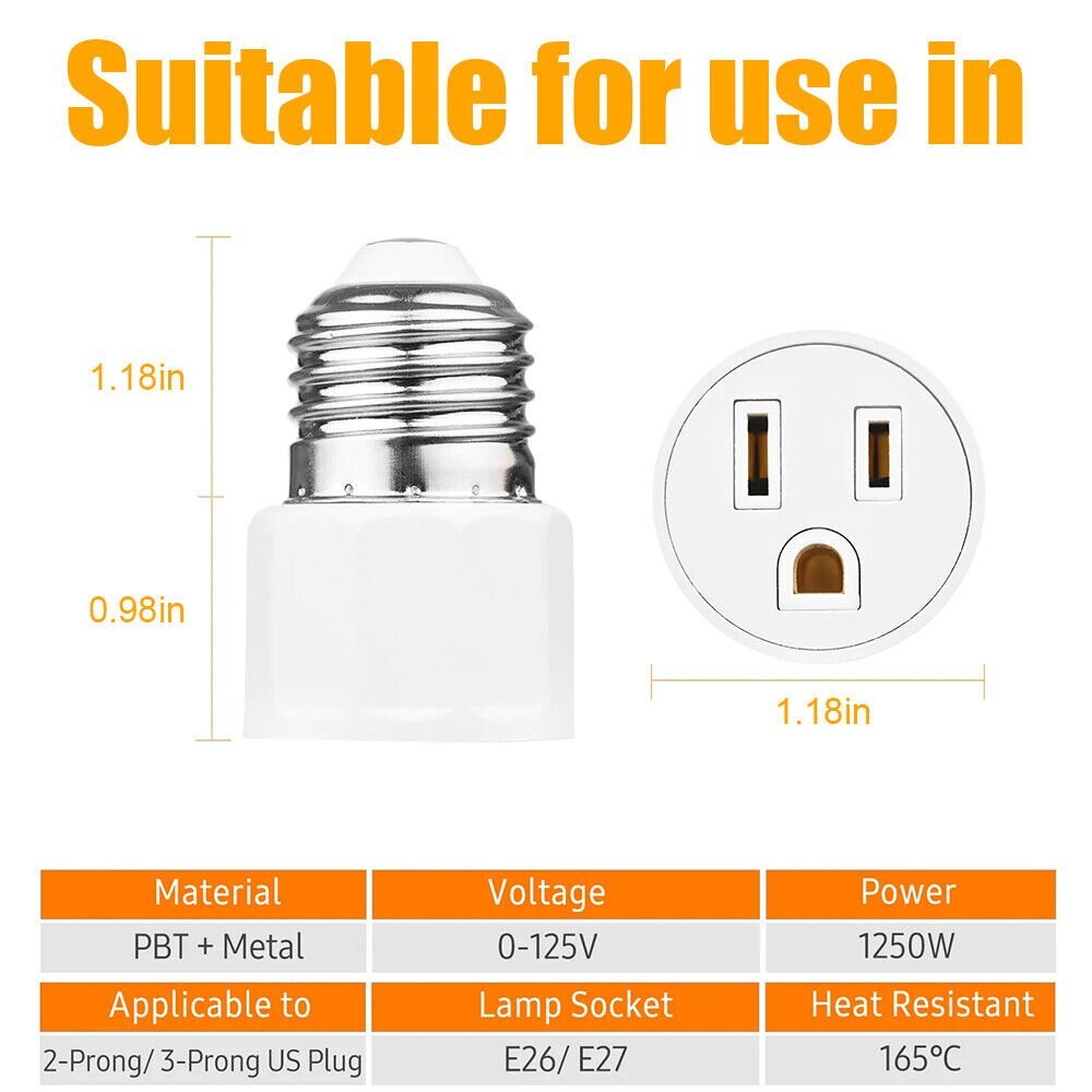 E26/E27 Light Socket to Plug Adapter 2/3 Prong Light Bulb Socket Adapter Outlet