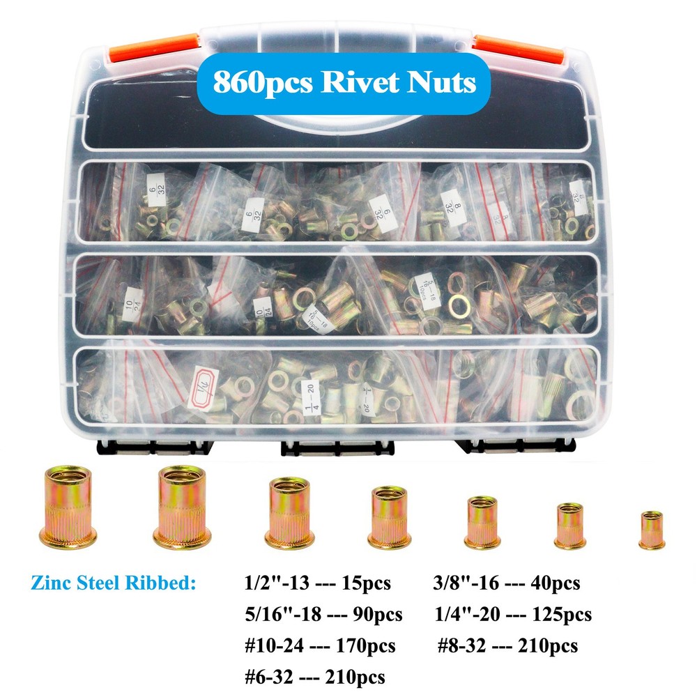 860PC UNC Rivet Nut Kit SAE Rivnut Assortment FlatHead Threaded Insert Nutsert