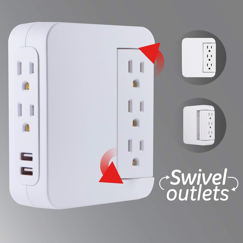 GE Pro Side-Access Swivel Surge Protector, 2 Pack, 5-Outlet Extender with 2 USB