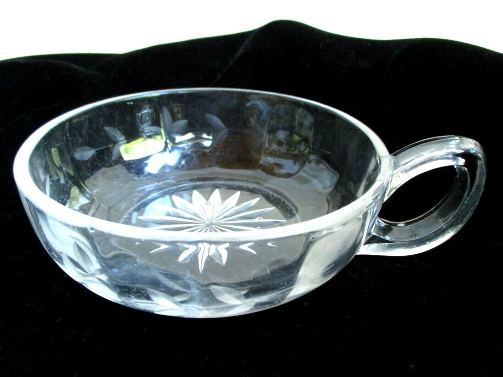 Vintage Nappy Dish Clear Etched Glass One Loop Handle Condiment Nut Candy