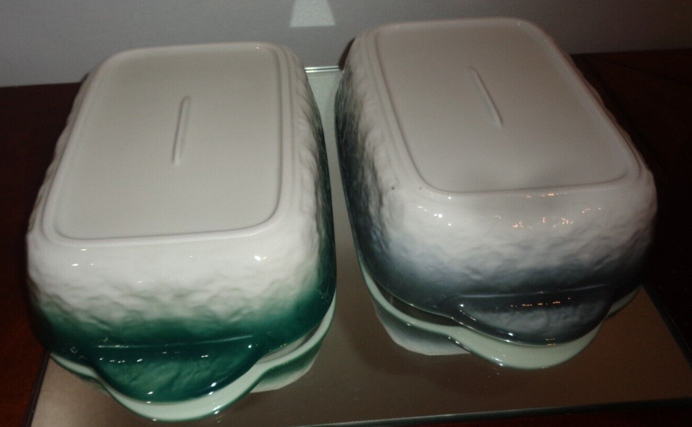 Set of 2 Green & Gray Ceramic Rectangular Baking Roasting Stackable Pan 9X5.5X1"