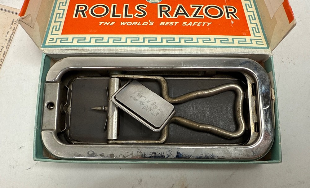 Vintage 1920s Rolls Razor-Blade Sharpener Tool-England-Beautiful Silver Case
