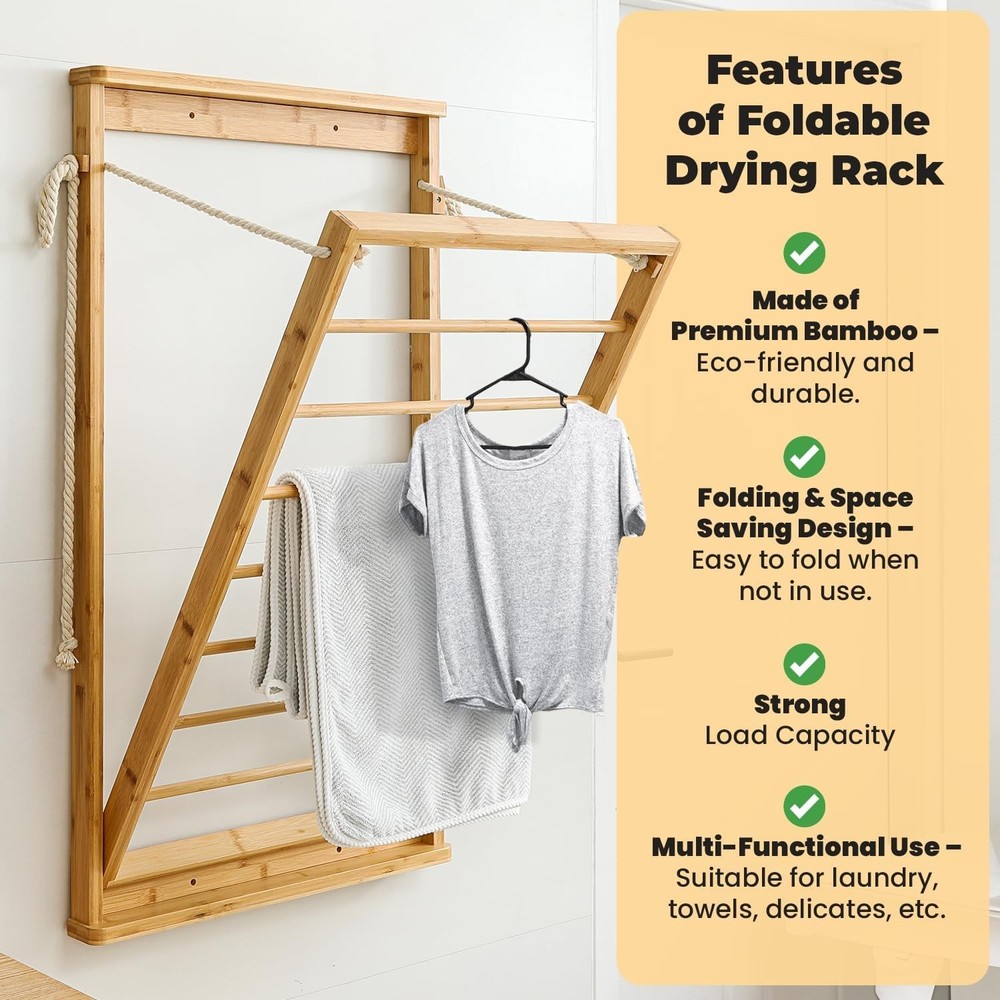 Wall Mounted Bamboo Clothes Drying Rack 23"x40" Foldable Laundry Organizer