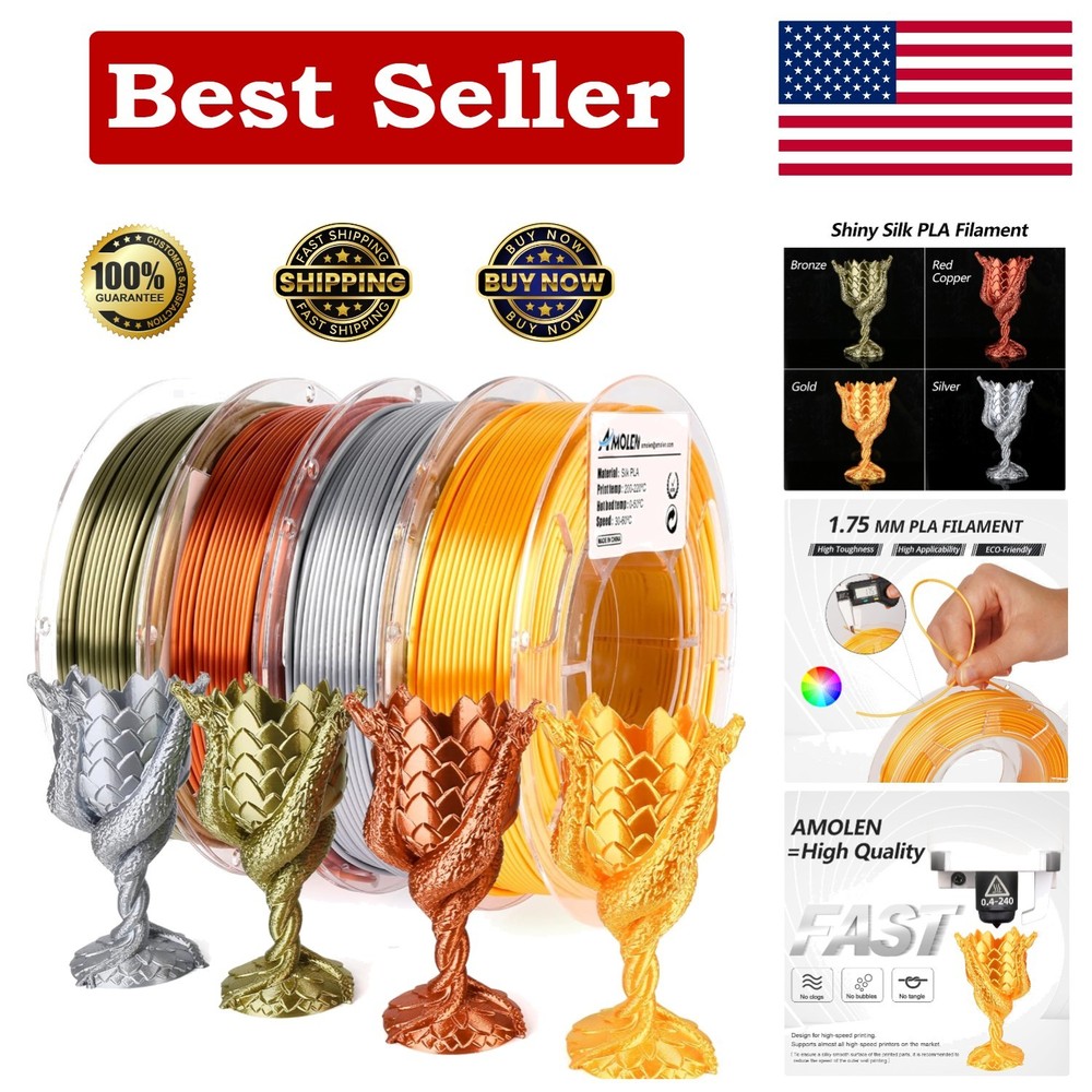 1.75mm Silk PLA Filament Bundle - 4 Spools Gold, Silver, Bronze, Copper