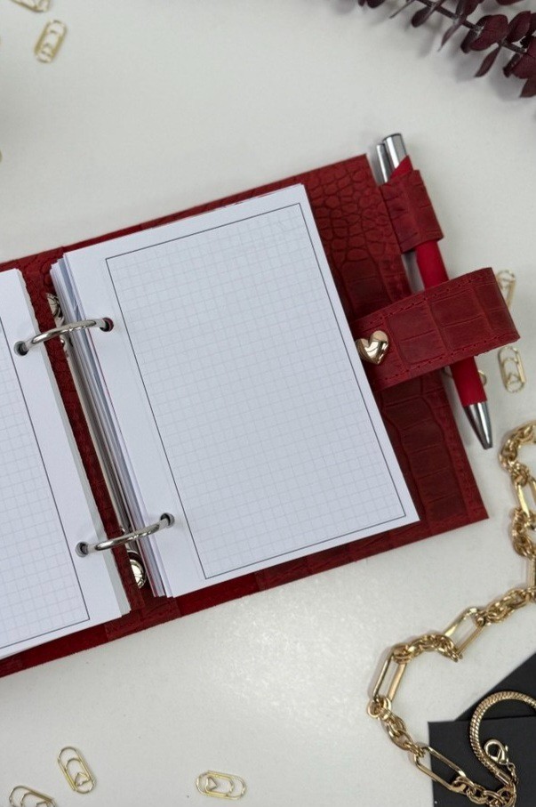 Mini red leather notebook-wallet cover A7 Big rings mini wallet. Mini Planner.