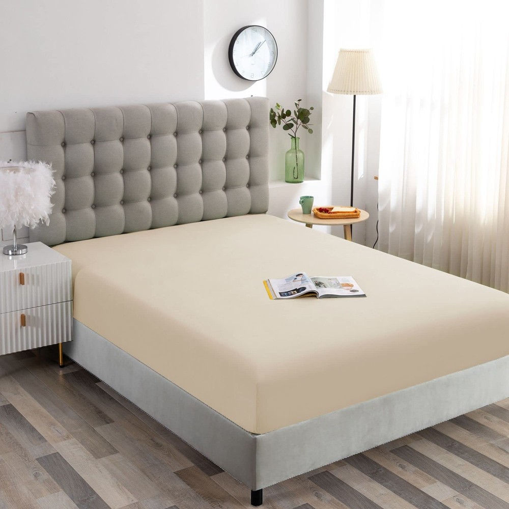 Beige Full Fitted Sheet-Soft Microfiber Bottom Sheet for Bed-Deep Pocket up t...
