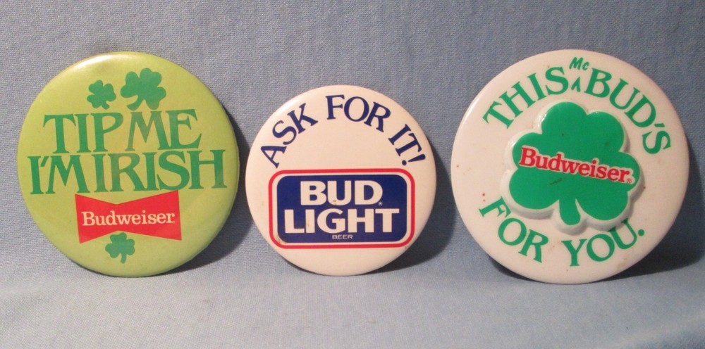 3pc Vintage St Patrick's Day BUDWEISER & BUD LIGHT Pin Back Button Group