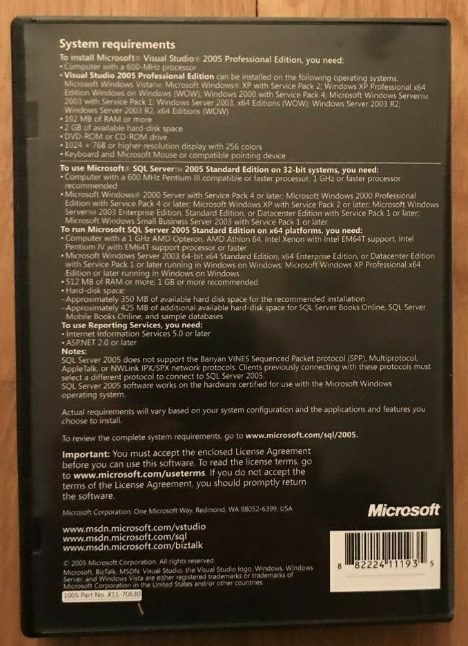 Microsoft Visual Studio 2005 Professional / SQL Server 2005 Standard