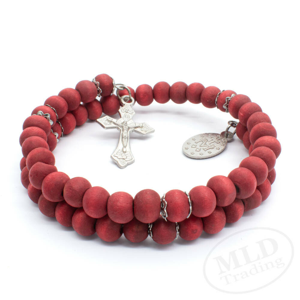 Red Rose Scented Beads Wrap Style Rosary Bracelet w Our Lady Of Guadalupe Medal