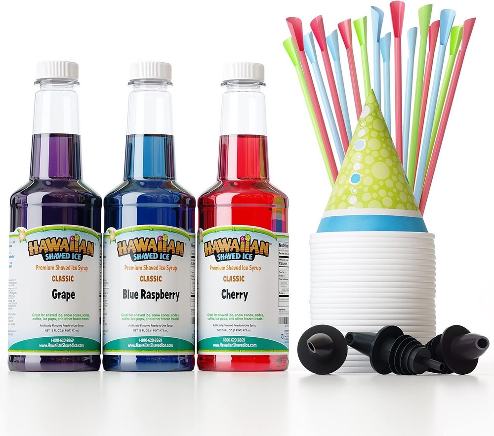 Hawaiian Shaved Ice Syrup 3 Pack with Accessories