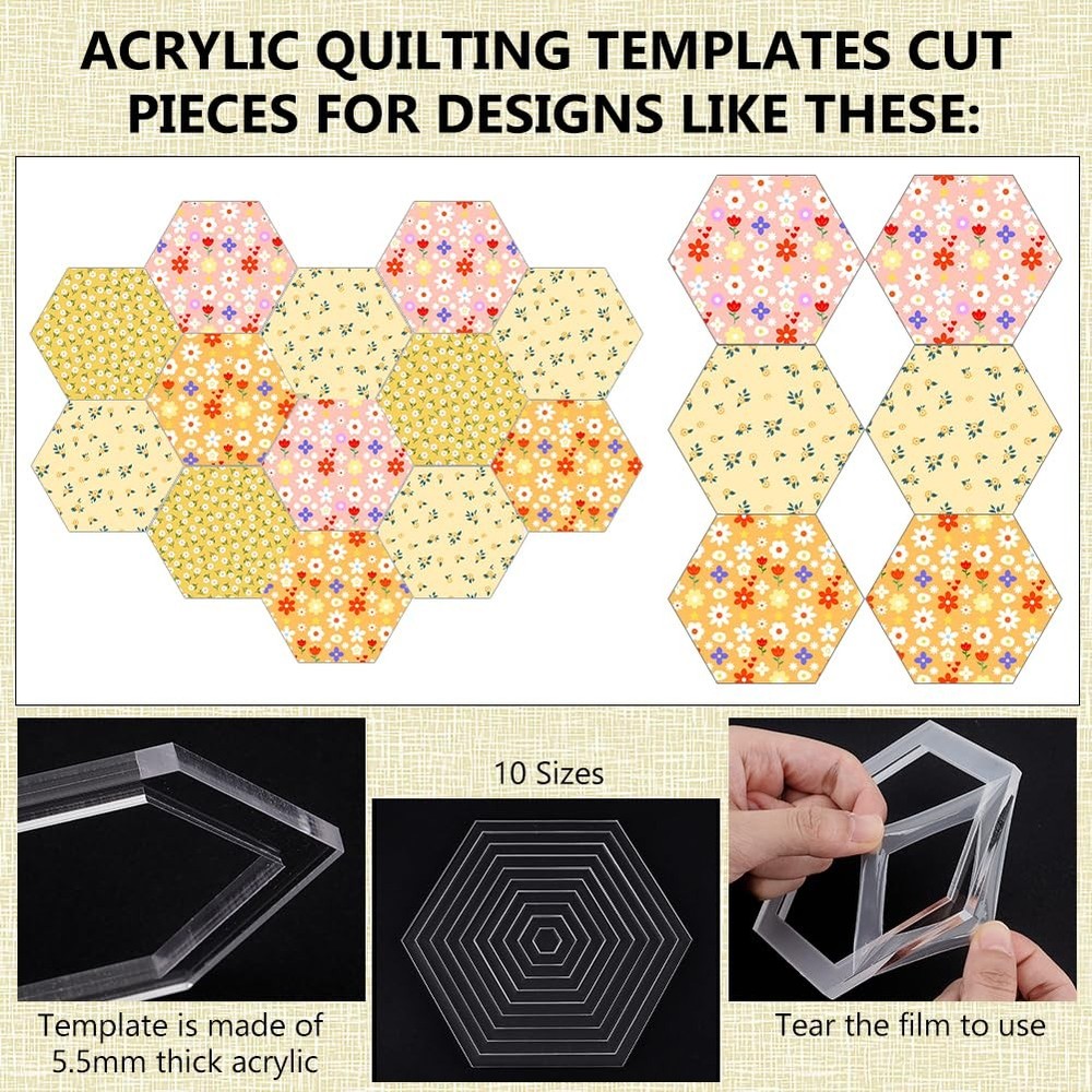 10 Sizes Hexagon Quilting Template Acrylic Sewing Machine Ruler Patchwork