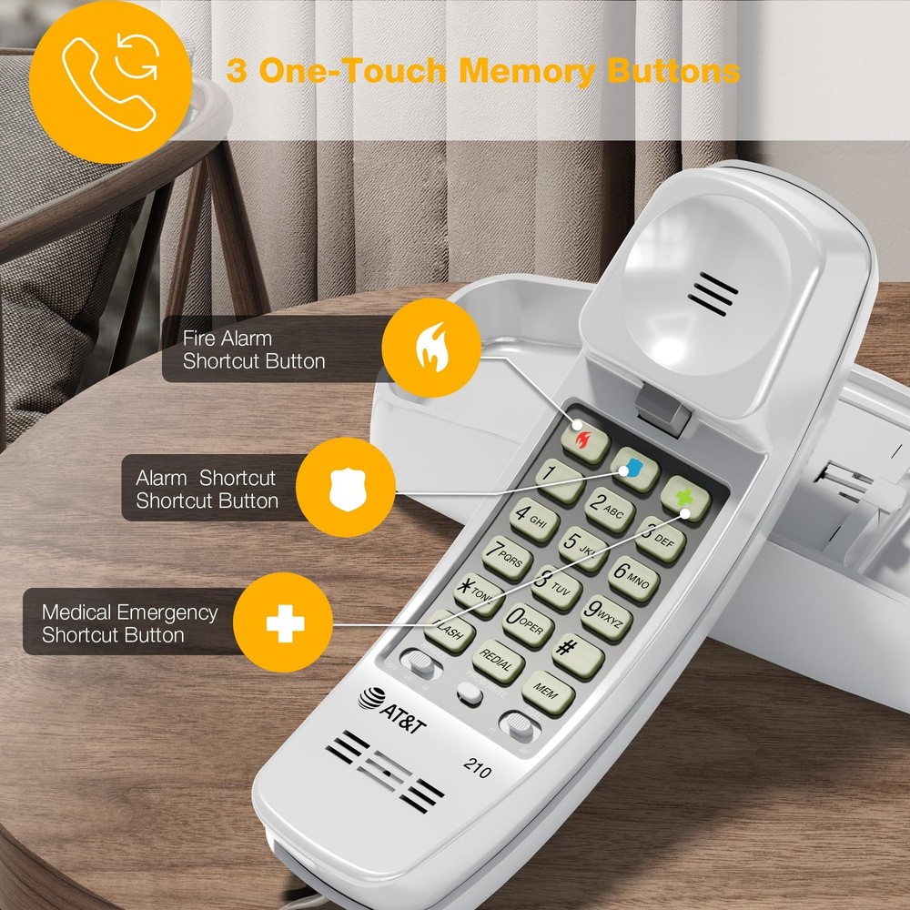 AT&T 210 Basic Trimline Corded Phone, No AC Power Required, White