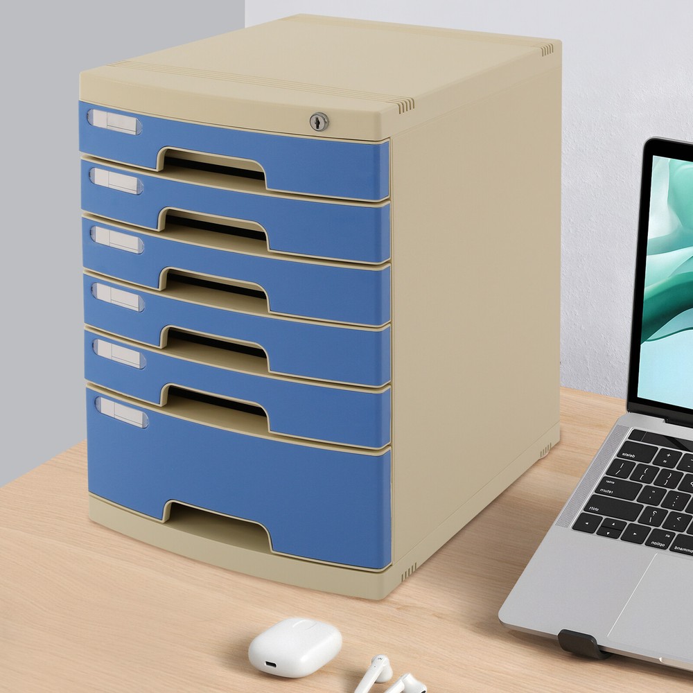 Modern Blue 6-Tier Plastic Desk Organizer with Lockable Drawers