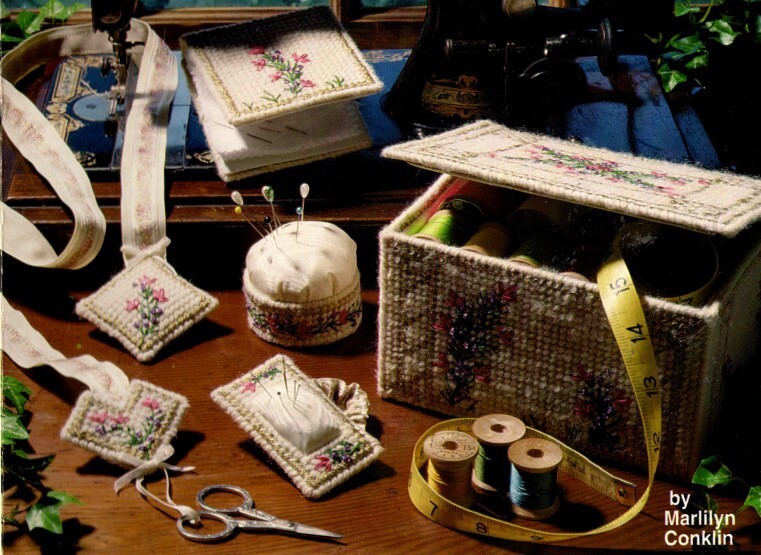 NEEDLEWORK TREASURES Plastic Canvas PATTERNS Sewing Box PIN CUSHION Needle Book