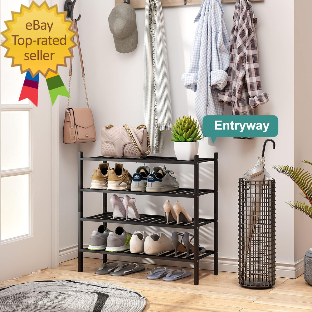 4-Tier Black Bamboo Shoe Rack for Entryway, Stackable | Foldable | Natural, Shoe