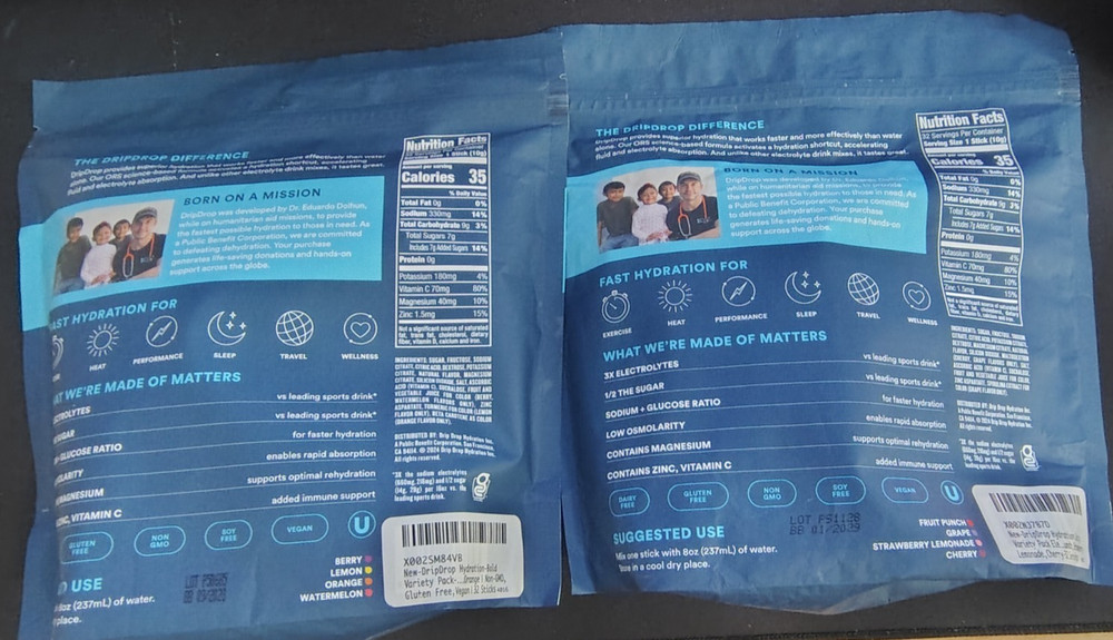 64 ASSORTED FLAVOR Drip Drop Hydration Drink Packets Grape, Watermelon ect