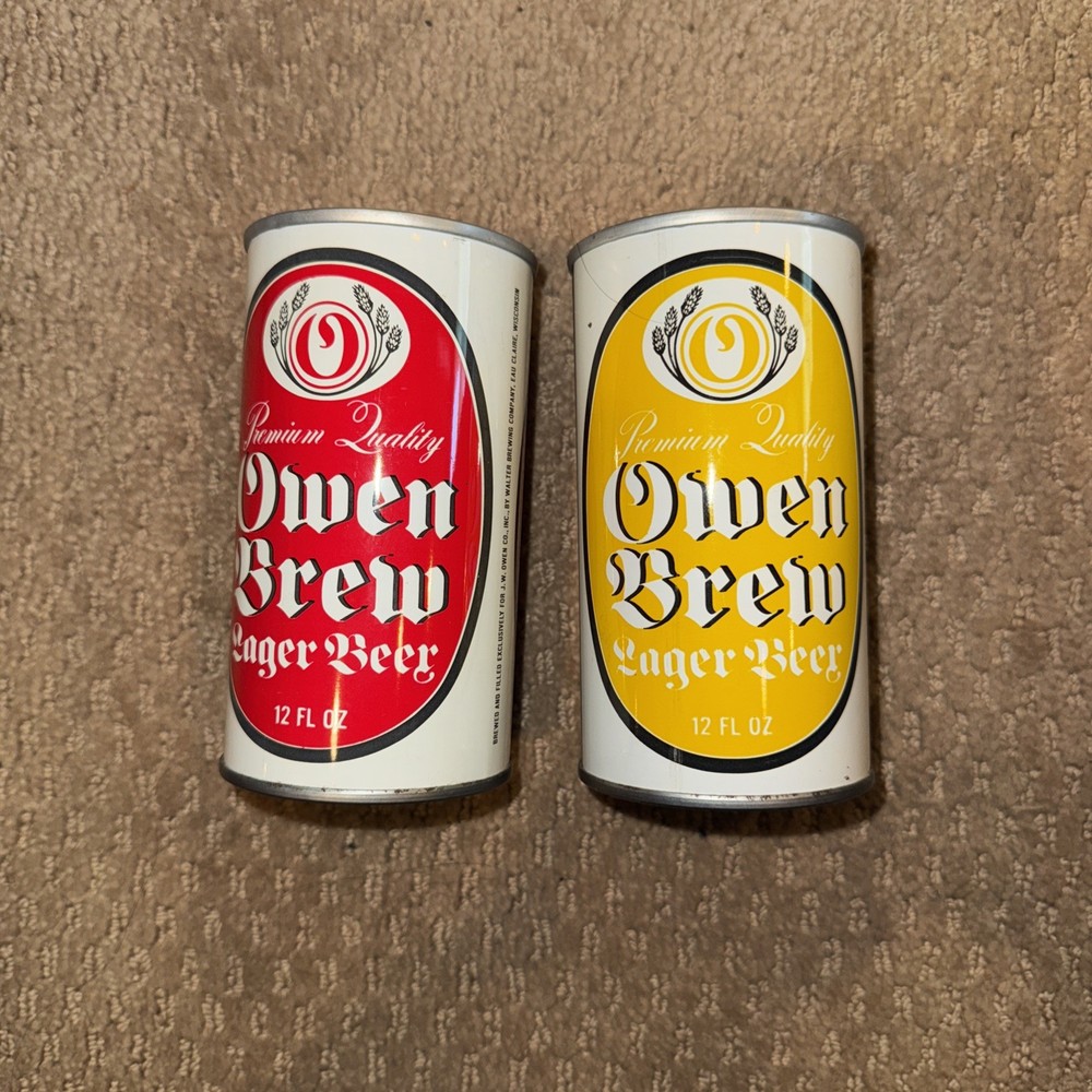 2 DIFFERENT Owen Brew Lager EMPTY Beer Cans - Walter Brewing Co. Eau Claire WI