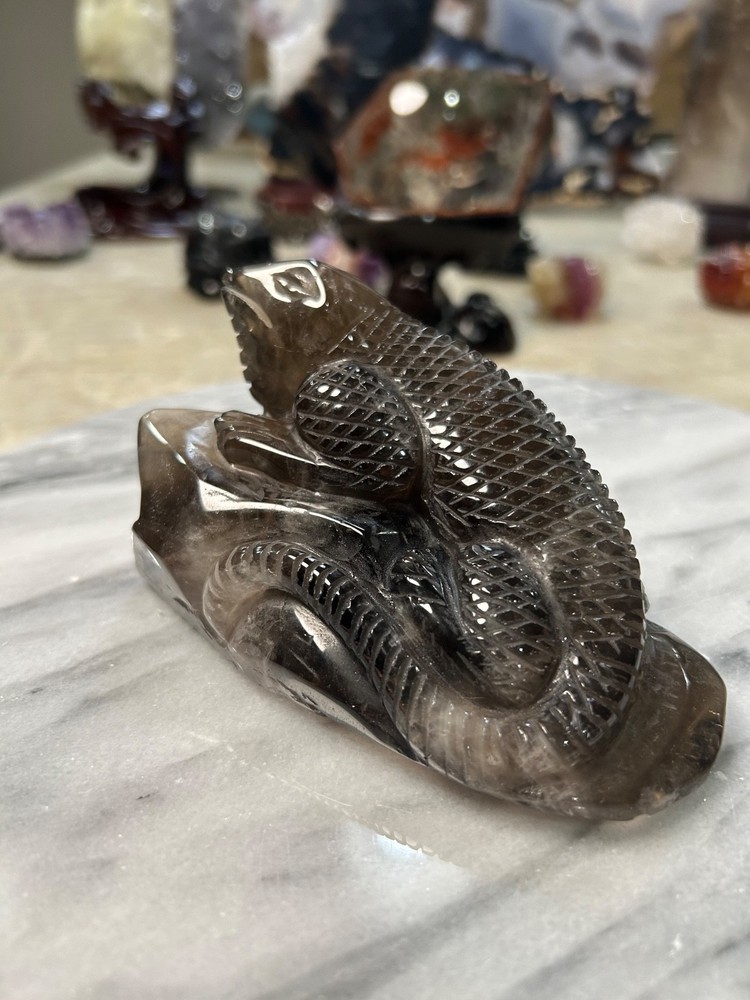 Smoky Quartz lizard carving
