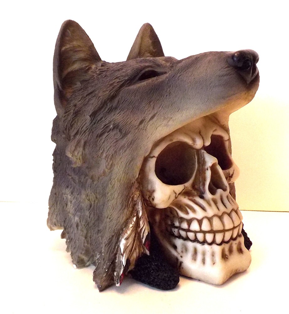Skull with Wolf Hat Figurine Statue Skeleton Halloween