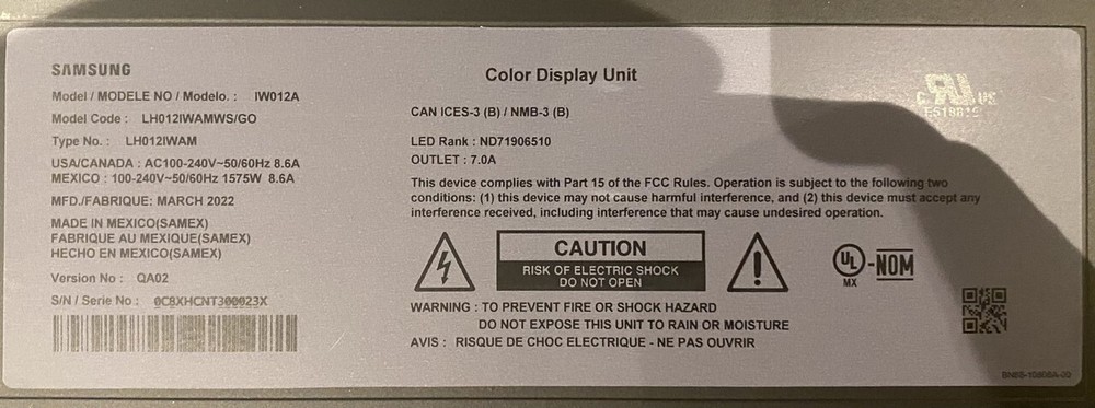 SAMSUNG IW012A THE WALL PROFESSIONAL DISPLAY