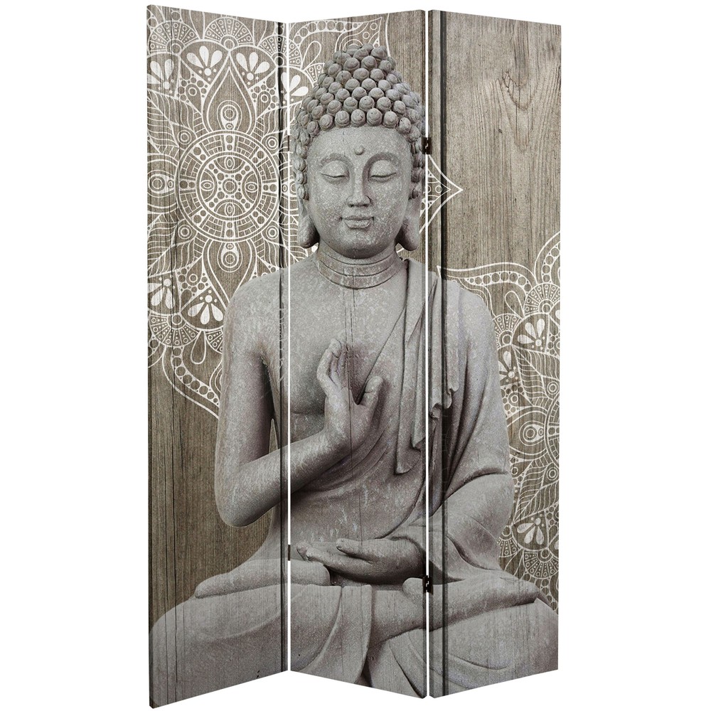 6 ft. Tall Double Sided Stone Buddha Canvas Room Divider