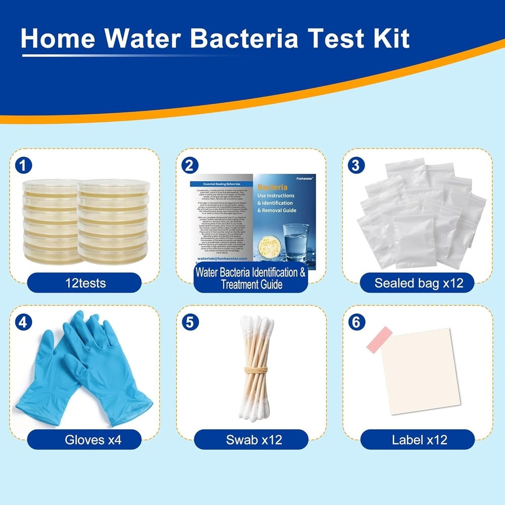 Water Bacteria Kit 12 Tests Detect E.coli, Coliform, All Bacteria