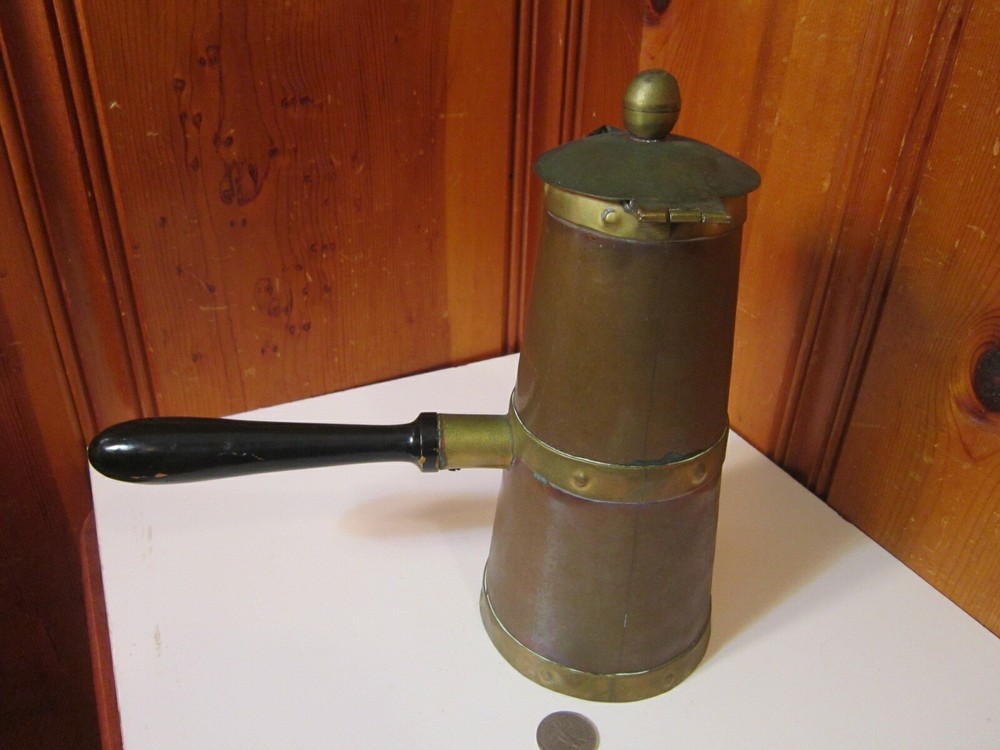 Vintage Handmade Copper Rustic Coffee Pot Hinged Lid Black Wood Side Handle EUC