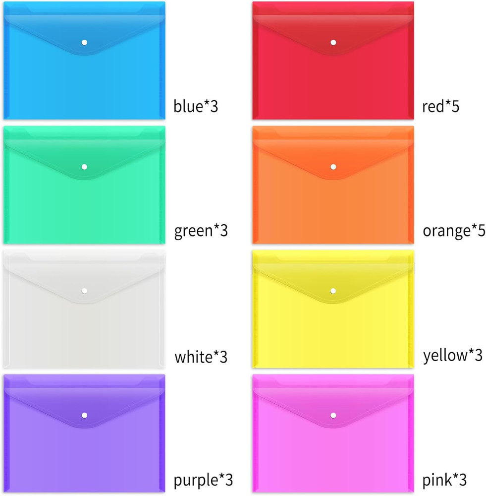 28pcs Plastic Envelopes, Plastic Folders for Documents, Poly Folders with Snap C