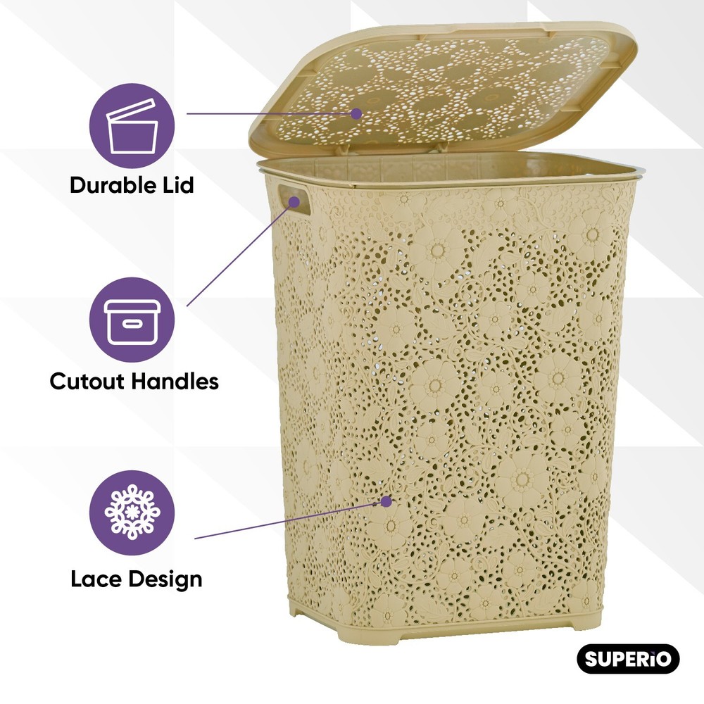 Plastic Laundry Hamper with Lid, Lace Style - Beige, 50 Liter (2 Pack)