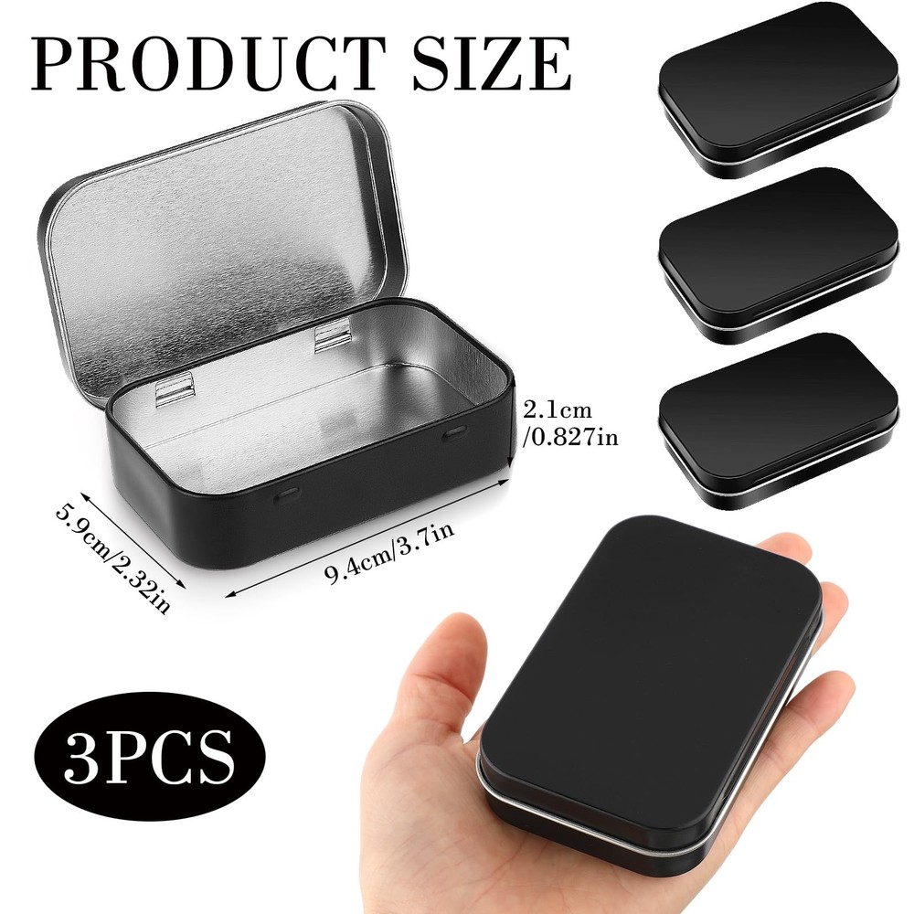 Tyqour 3pcs Rectangular Small Tins with Lids Tin Boxes Container Black