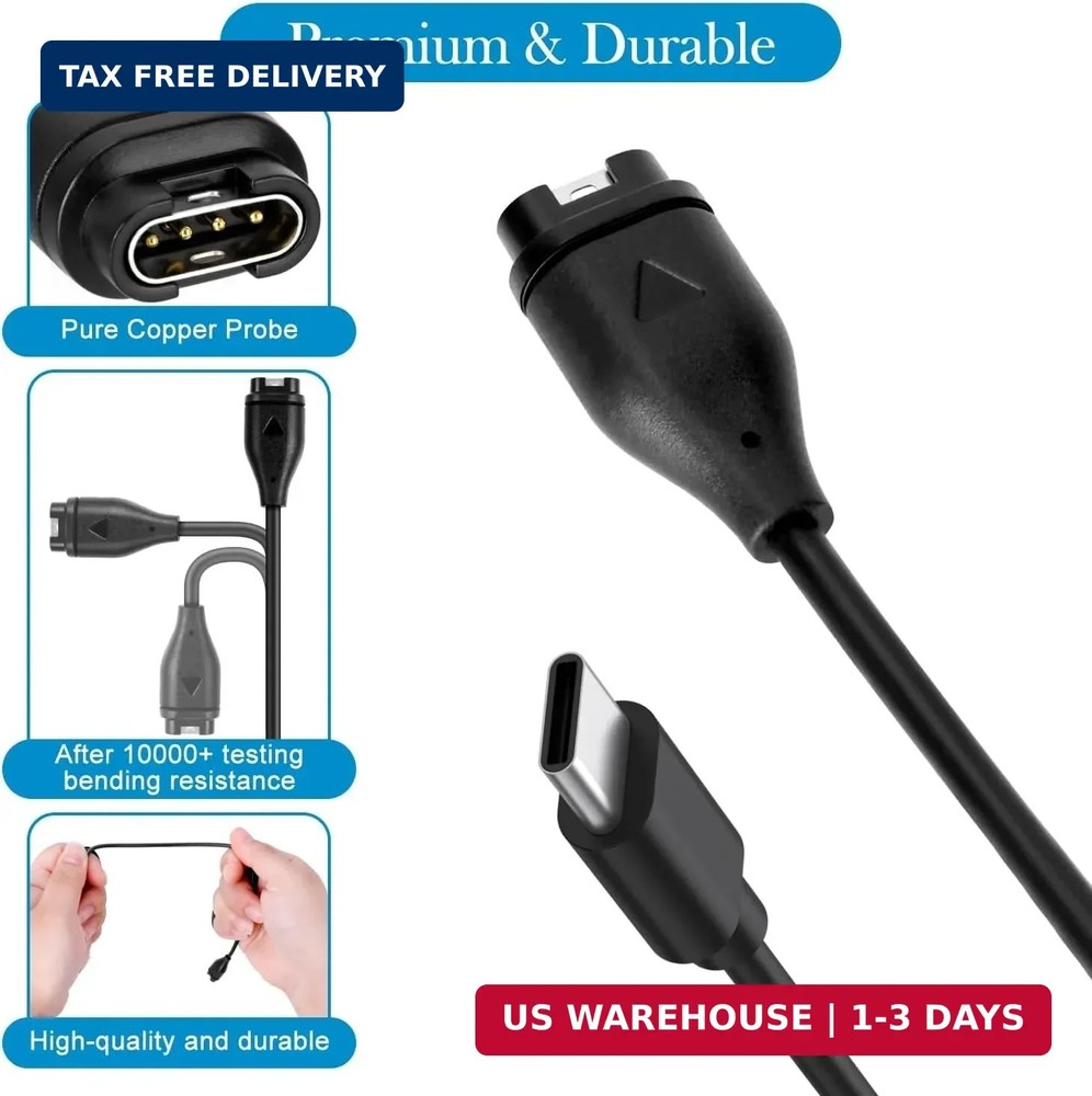 EGK Charger USB-C Cable for Garmin Watch Replacement (1m, 2 Pack)