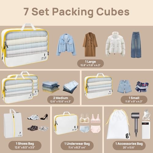 7 Set Compression Packing Cubes Travel Accessories Expandable Packing White