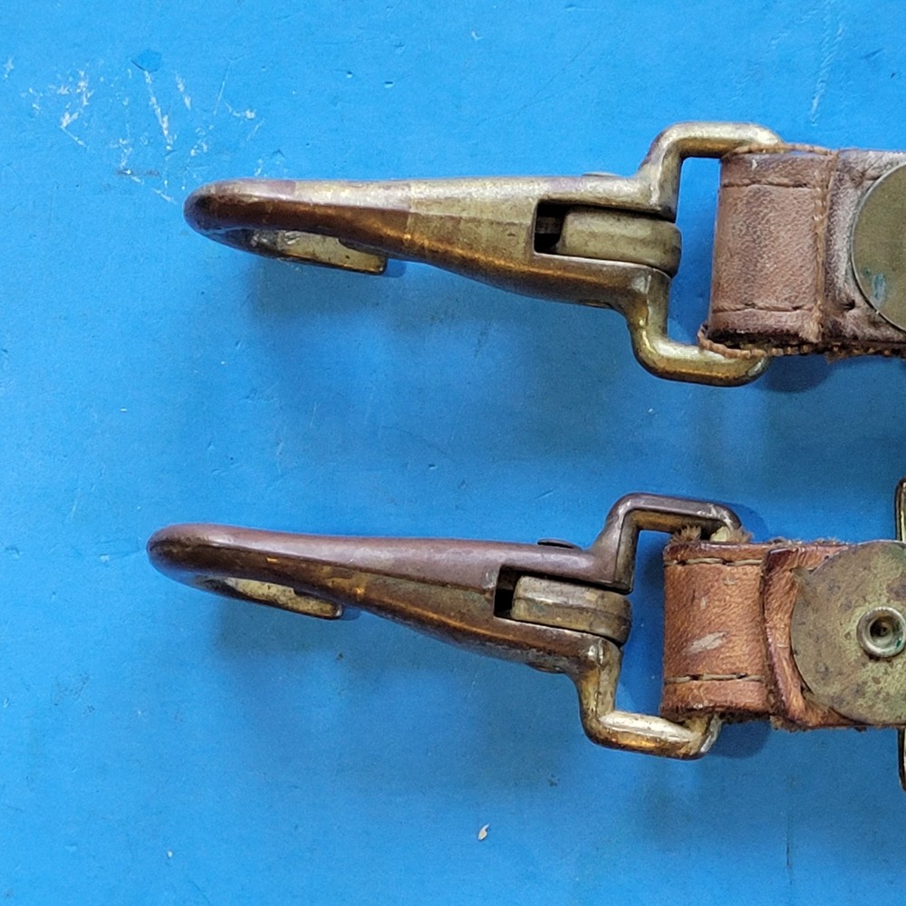 Two Vintage Brass Spring Lock Hook Snaps With Leather Strap & Brass Buckles