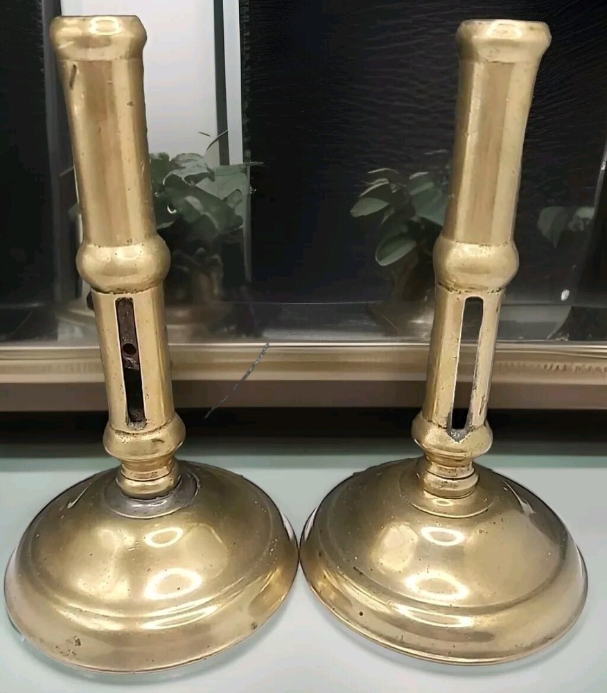 Vintage French Side Slide Brass Candlesticks