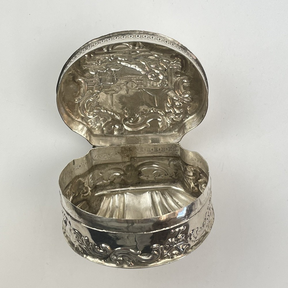 Antique Dutch Solid Silver Embossed Trinket Box 6cm x 5cm Shell Shaped