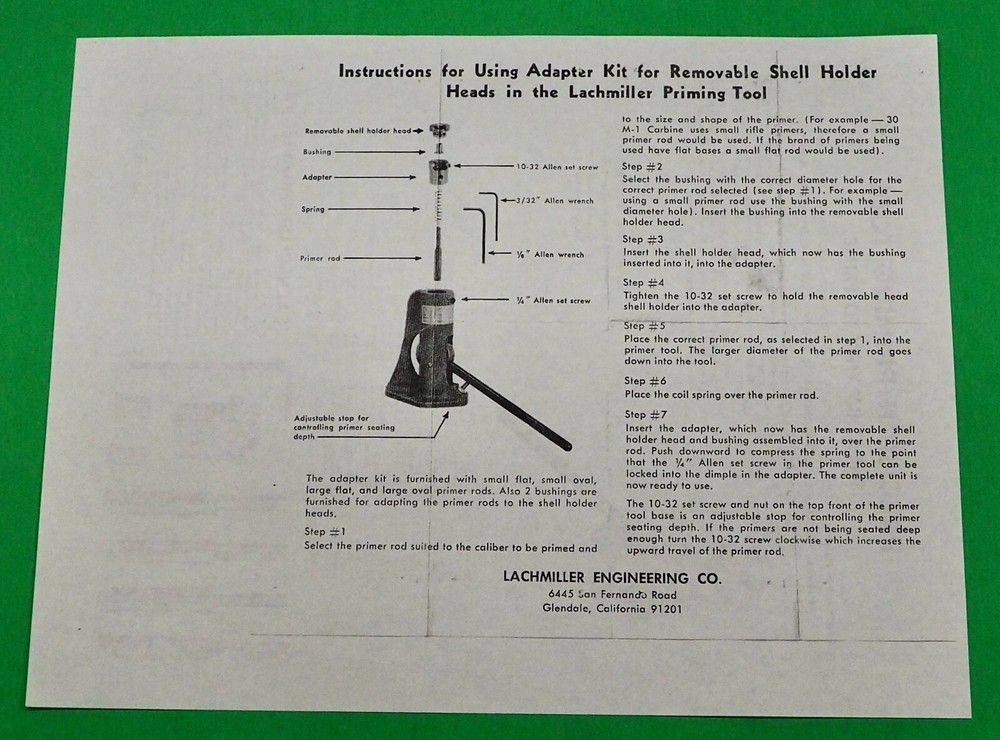 Lachmiller Engineering Priming Tool Add/Inst/Shell Holder Chart-NEW Copy