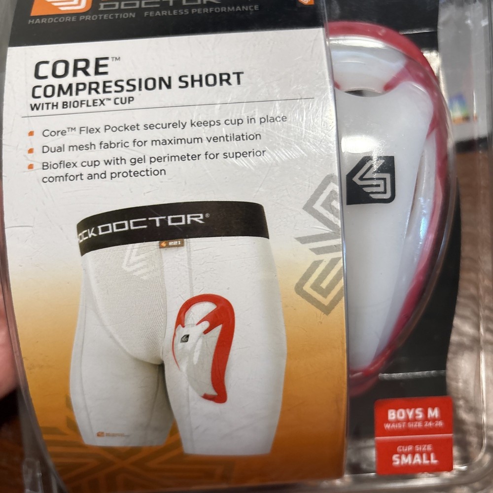 Shock Doctor Core Compression Short with Bioflex Cup Boys Medium 24-26 White NEW