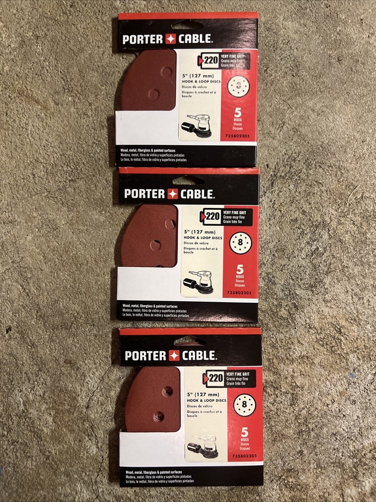 (3) 5 Pack PORTER-CABLE 735802225 5-In 8-Hole Hook & Loop 220 Grit Sanding Discs