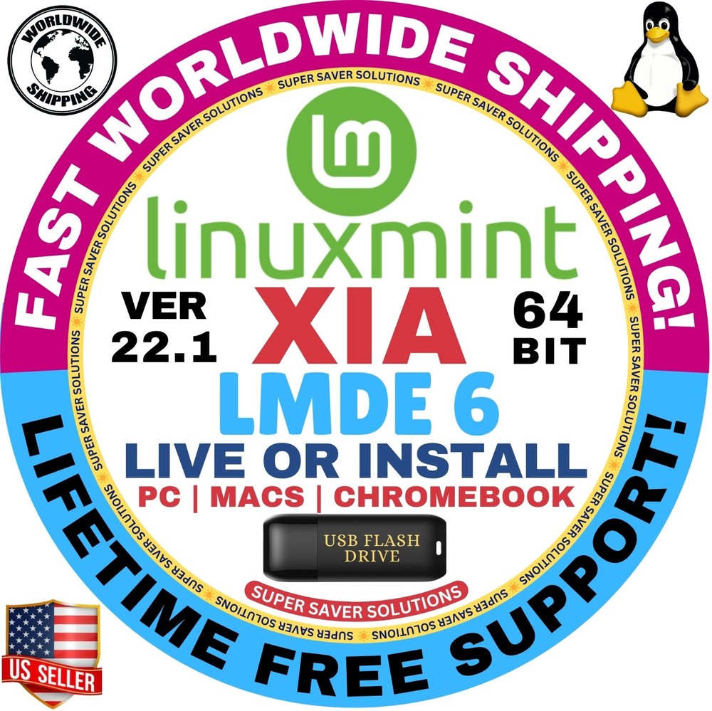 Linux MINT 22 USB FAYE LMDE-6, 64-Bit, Live Boot, Full Install for MAC, PC