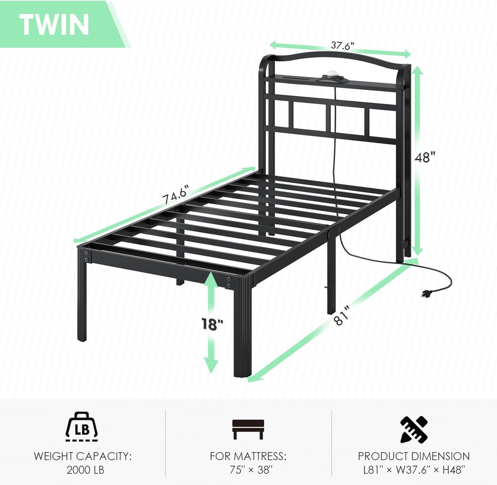 Twin Size Bed Frame with Storage Headboard & Star Projector, Easy Assembly
