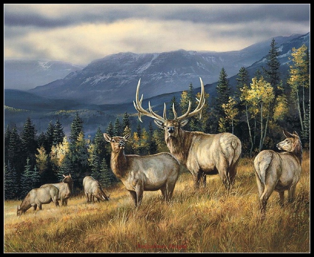 Autumn Gold Elk Herd - DIY Chart Counted Cross Stitch Patterns Needlework DMC