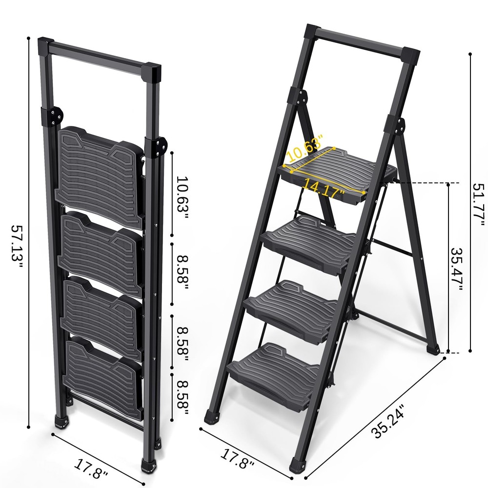 KINGRACK Step Ladder 4 Folding, 900lbs 4 4-step with handrail, Black