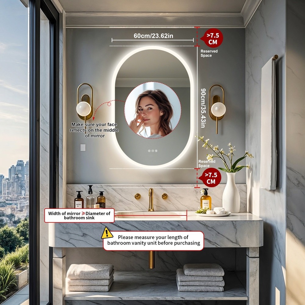 35'' Oval LED Bathroom Mirror w/ Touch Sensor Backlight Wall Vanity Mirror Defog