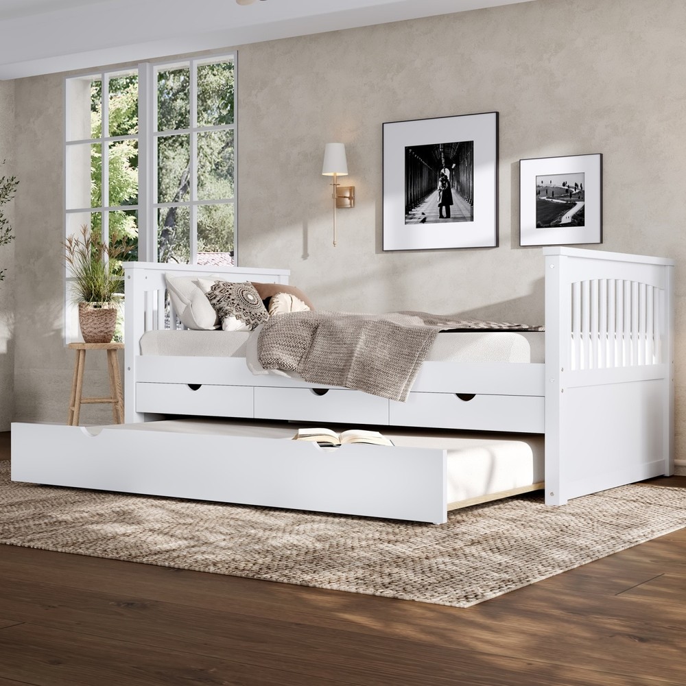 Modern Twin Size Solid Wood Platform Bed Frame Daybed with Trundle and 3 Drawers