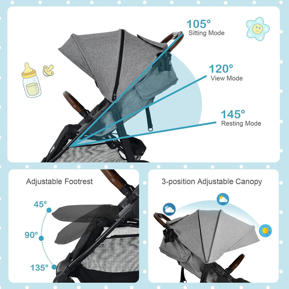 Foldable Baby Stroller with Adjustable Canopy & Storage Basket - Gray