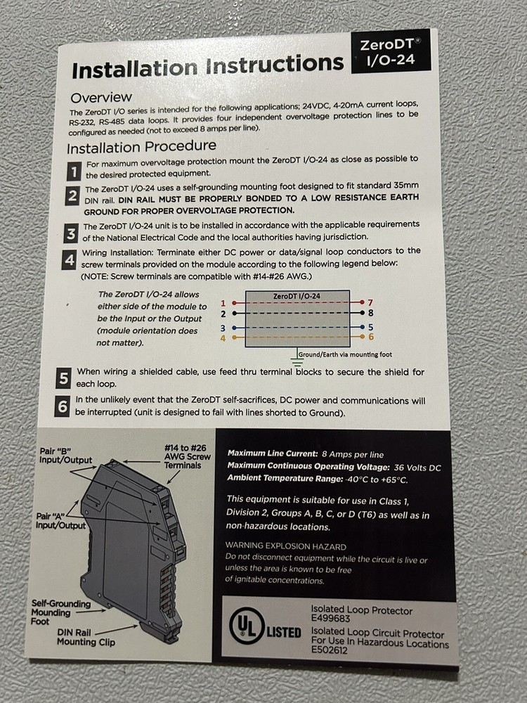 ZeroDT I/O-24 Current Loop Din Rail Mount Surge Protector. New Open Box