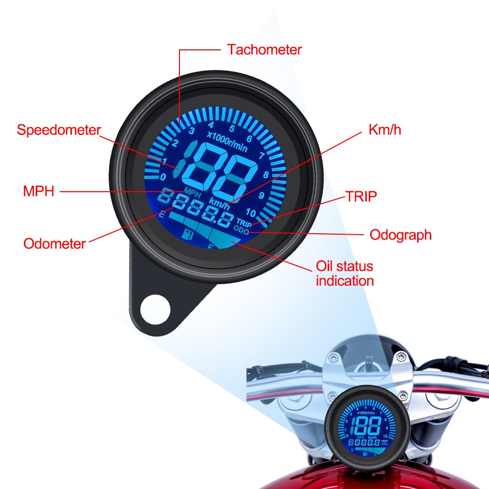 Black LCD Digital 12V Universal Motorcycle Gauge Speedometer Tachometer Odometer