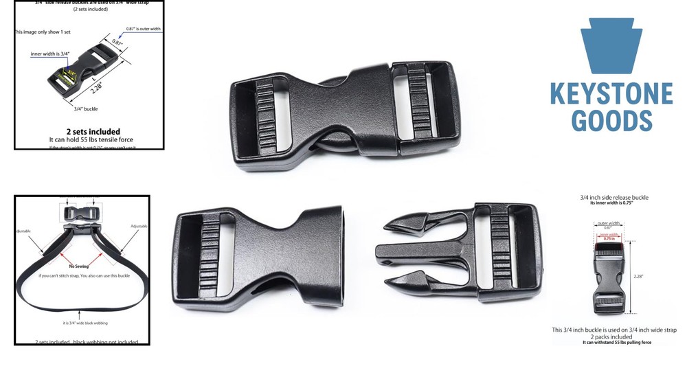 Heavy Duty 3/4 Inch Plastic Side Release Buckles for Straps & Backpacks - 2 Pack