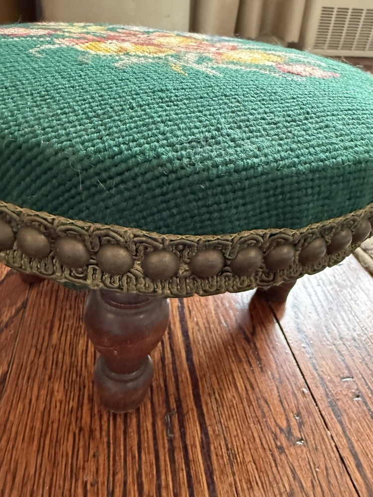 Antique Needlepoint Round Footstool with Floral Pattern